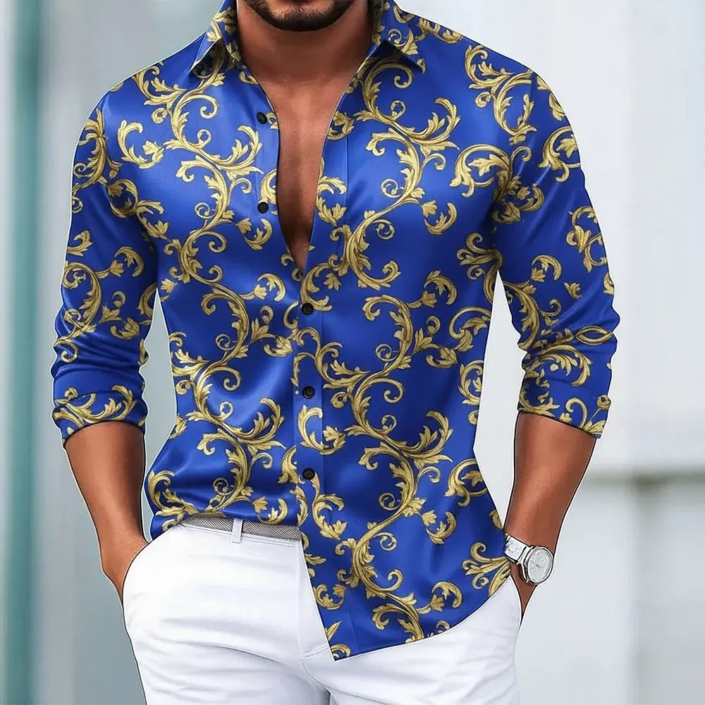 Camisa 3D de manga comprida masculina, estampa de arte europeia com gráfico floral vintage, estilo streetwear moderno, tops casuais outono inverno 2025