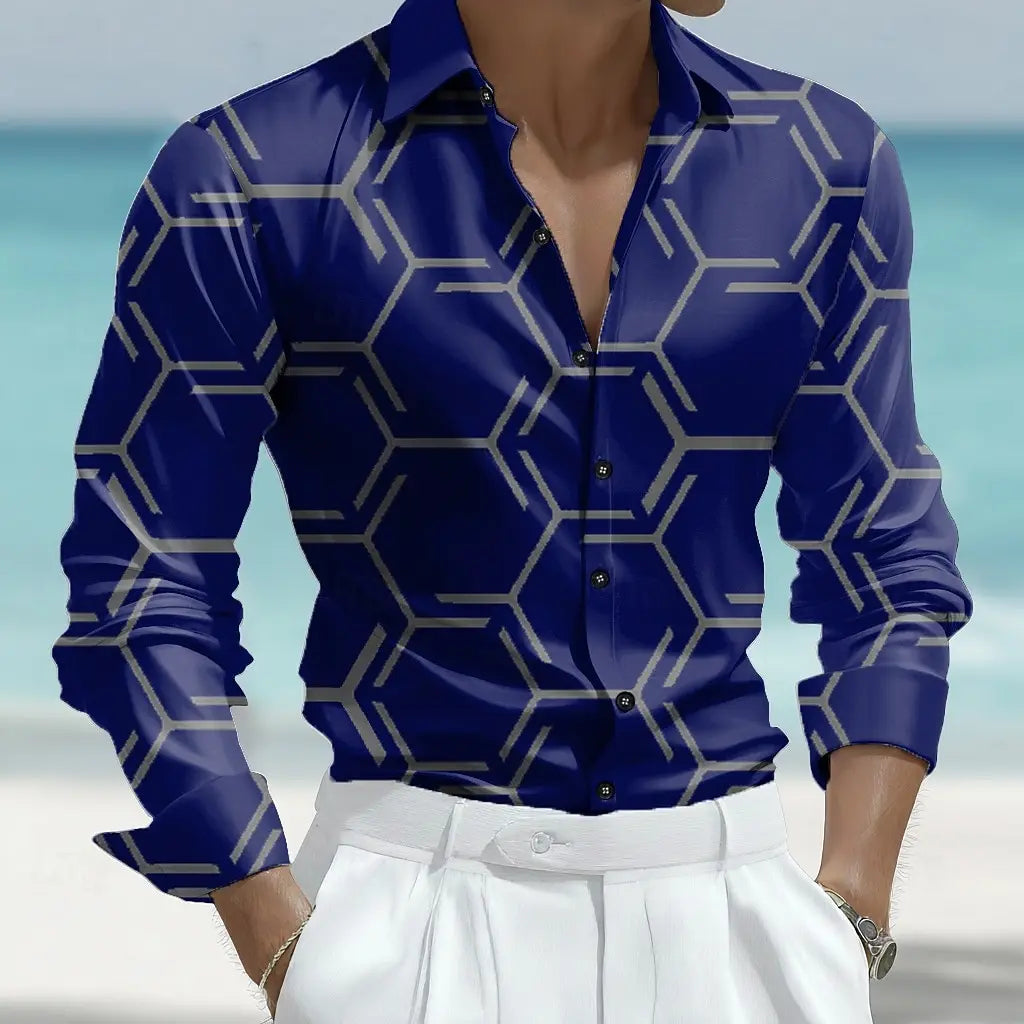 Camisa masculina de manga comprida com estampa geométrica triangular listrada, camisa casual com botões para escritório diário, viagens, etc.
