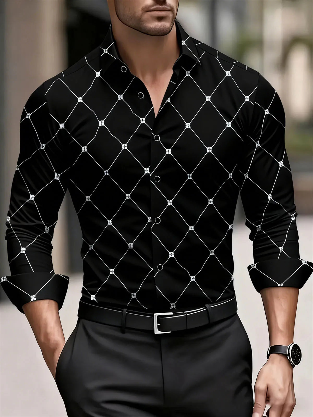 Camisa Masculina Social Geométrica de Manga Longa