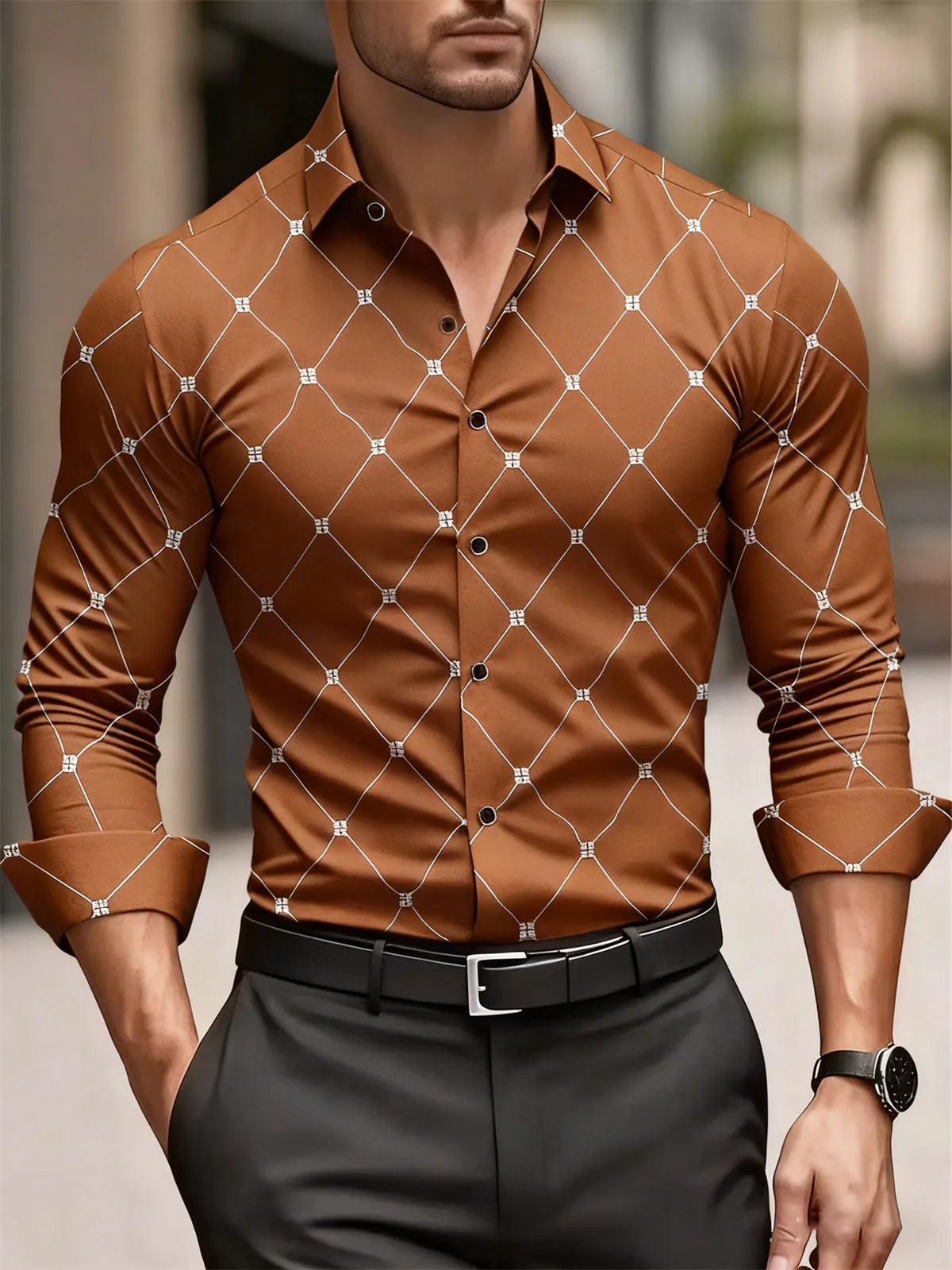 Camisa Masculina Social Geométrica de Manga Longa