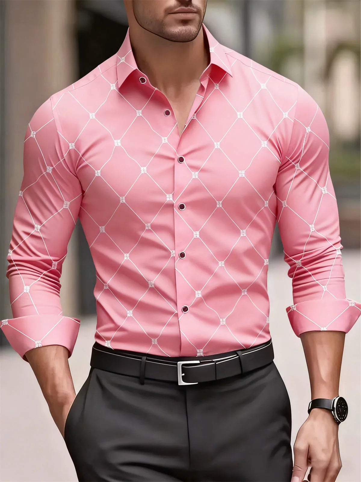 Camisa Masculina Social Geométrica de Manga Longa