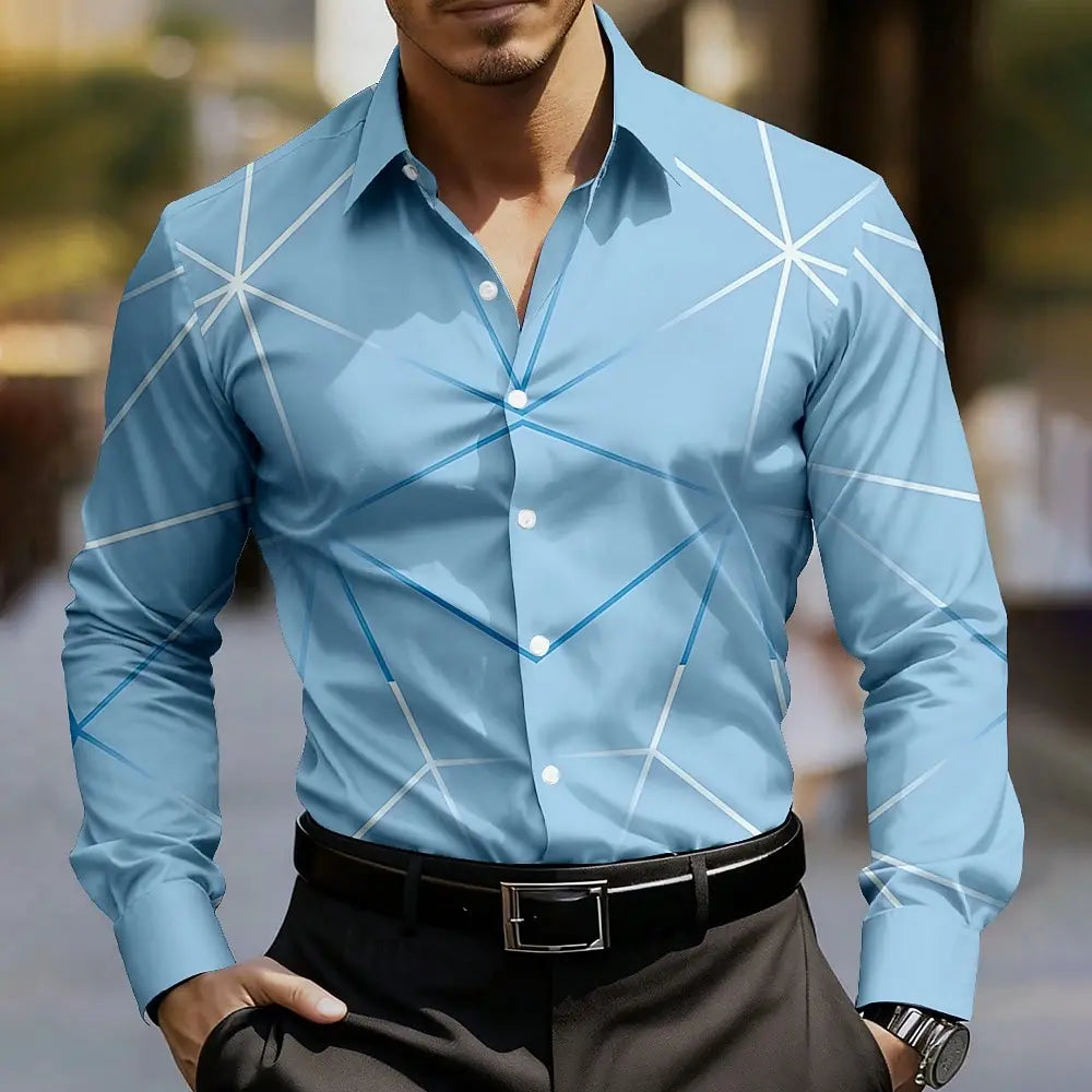 Camisa masculina de arte abstrata com linha geométrica, manga comprida, casual, roupa diária ao ar livre, primavera outono, camisas com gola estampada 3D