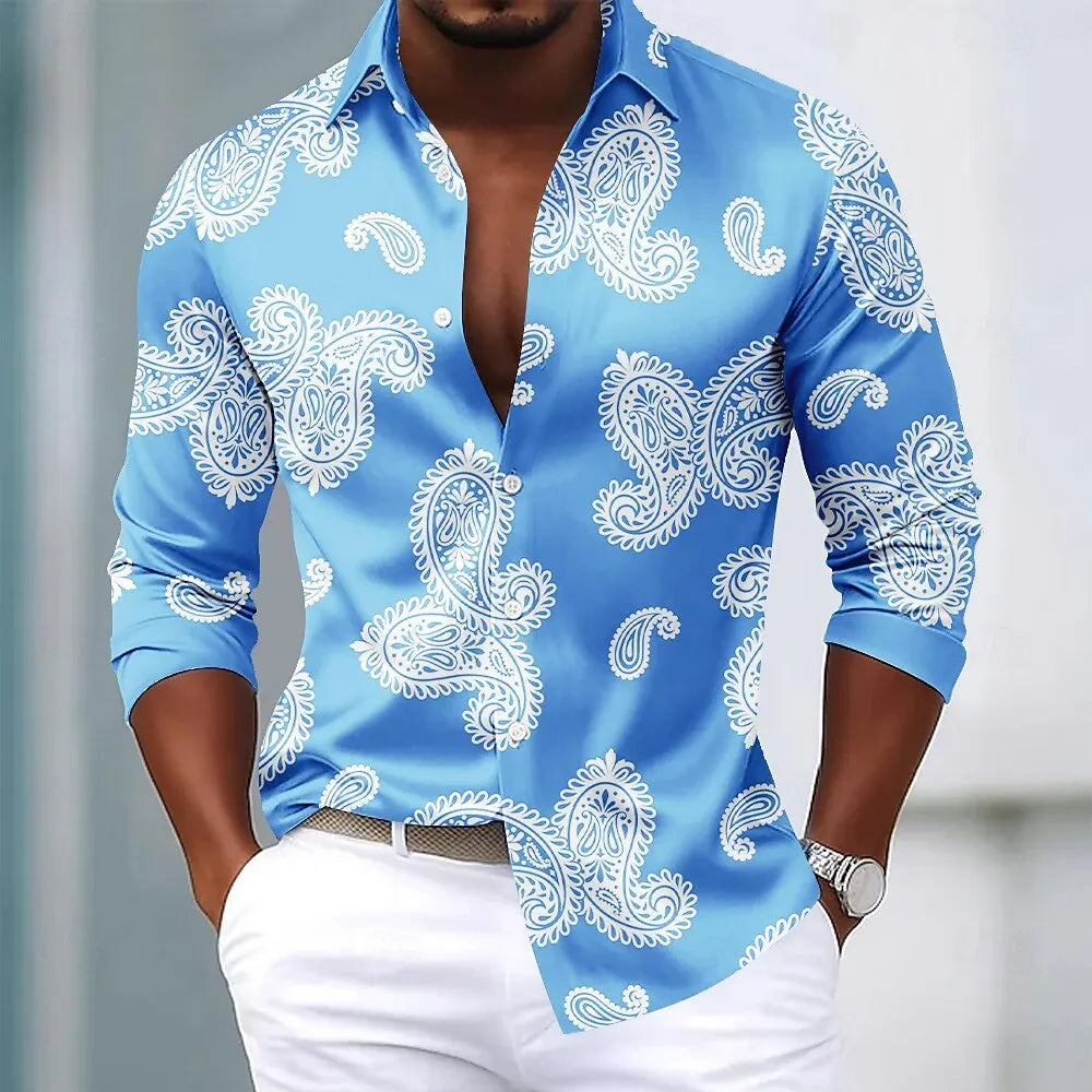 2025 camisa de manga longa masculina paisley floral impressão étnica outono inverno streetwear casual conforto poliéster fino ajuste camisas