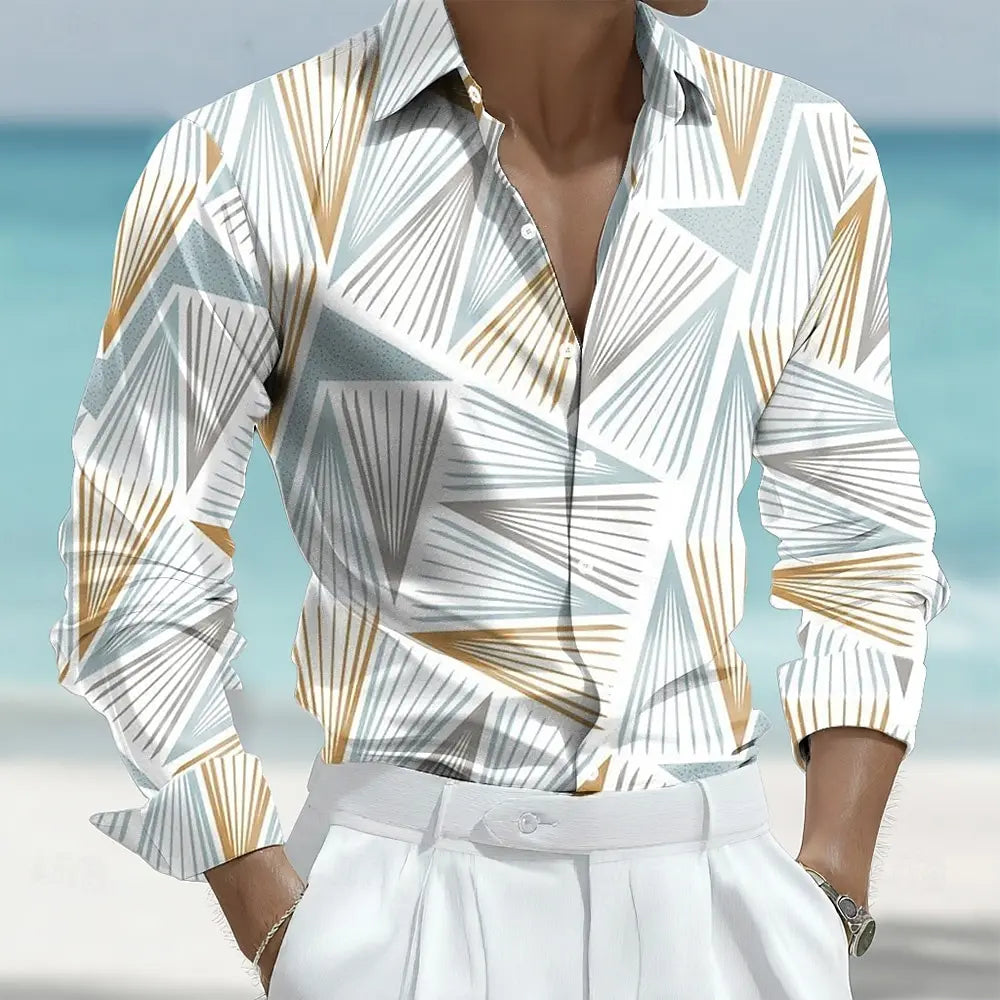 Camisa masculina de manga comprida com estampa geométrica triangular listrada, camisa casual com botões para escritório diário, viagens, etc.