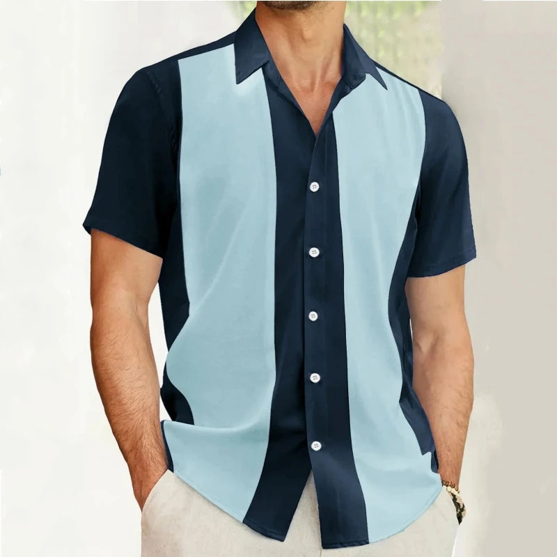 Moda negócios despojado emenda homem camisas vintage casual e versátil botão para baixo boliche manga curta verão camiseta