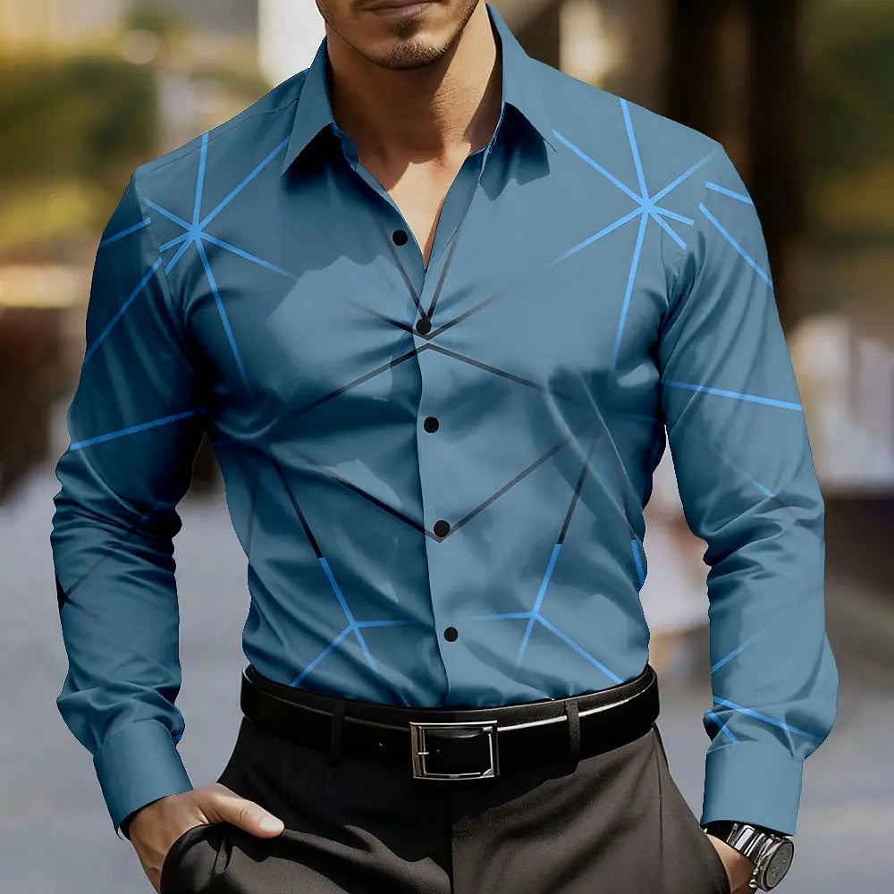 Camisa masculina de arte abstrata com linha geométrica, manga comprida, casual, roupa diária ao ar livre, primavera outono, camisas com gola estampada 3D