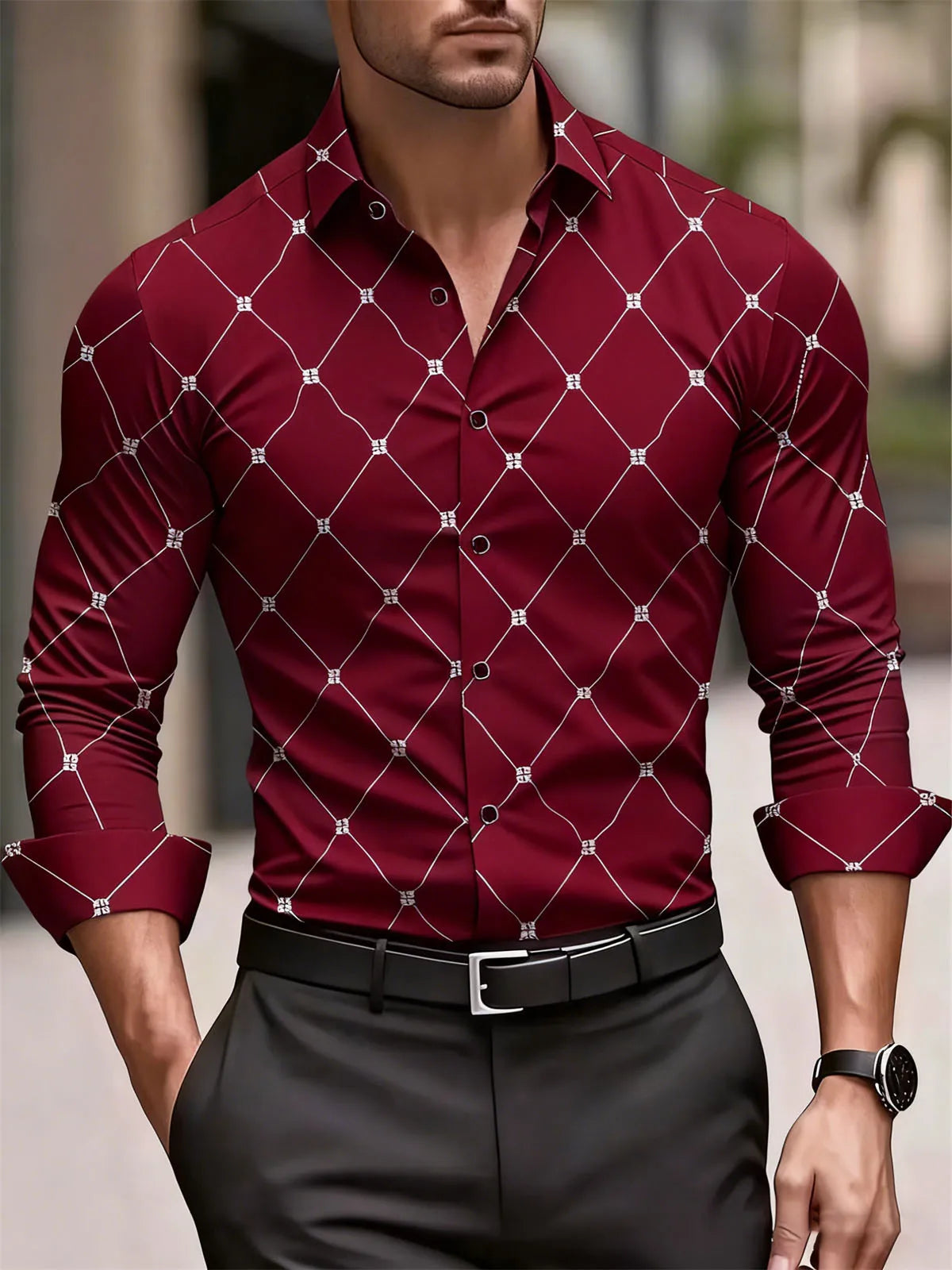 Camisa Masculina Social Geométrica de Manga Longa