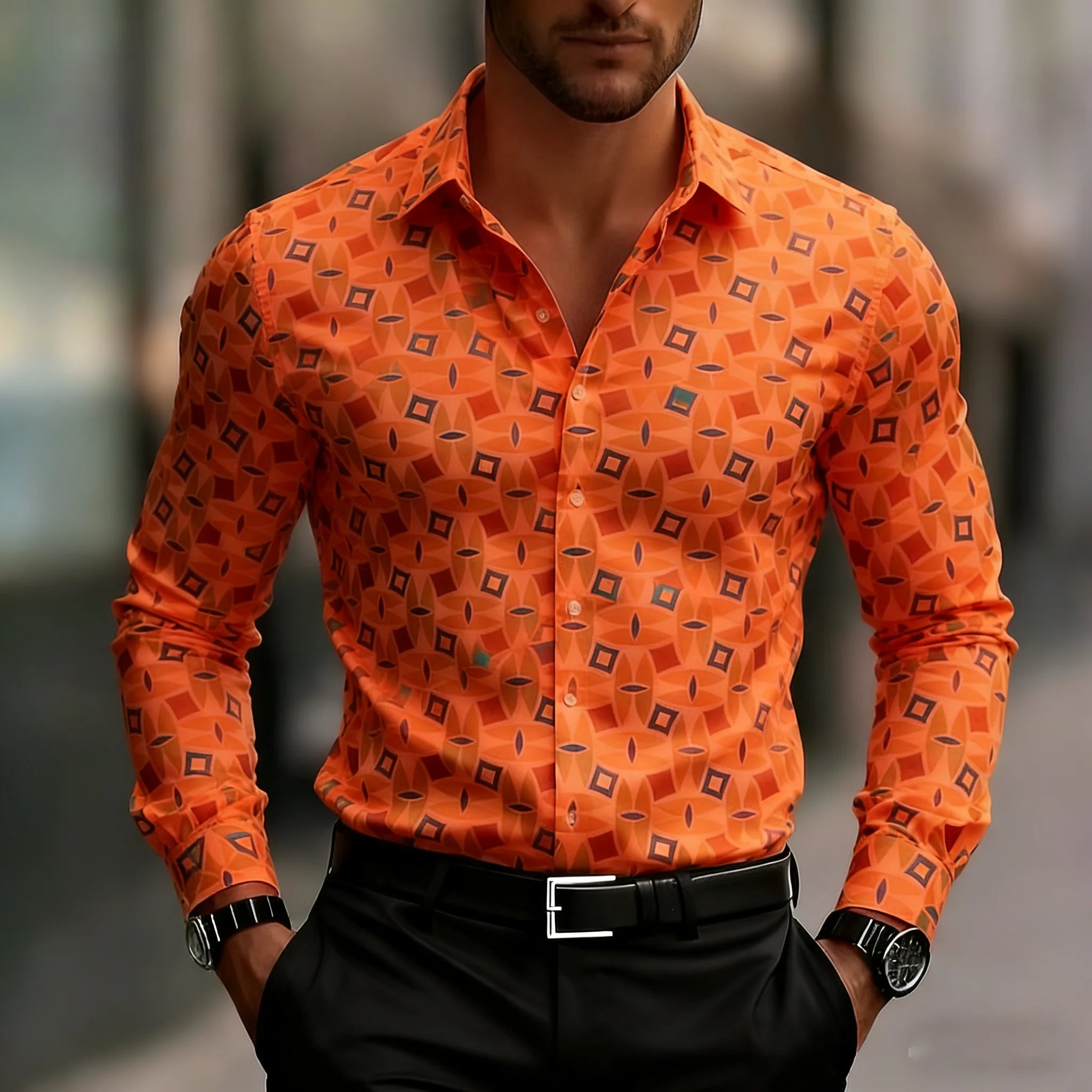 Camisa masculina de manga comprida com estampa geométrica, camisa quadrada moderna geométrica confortável para escritório diário masculino com gola virada para baixo