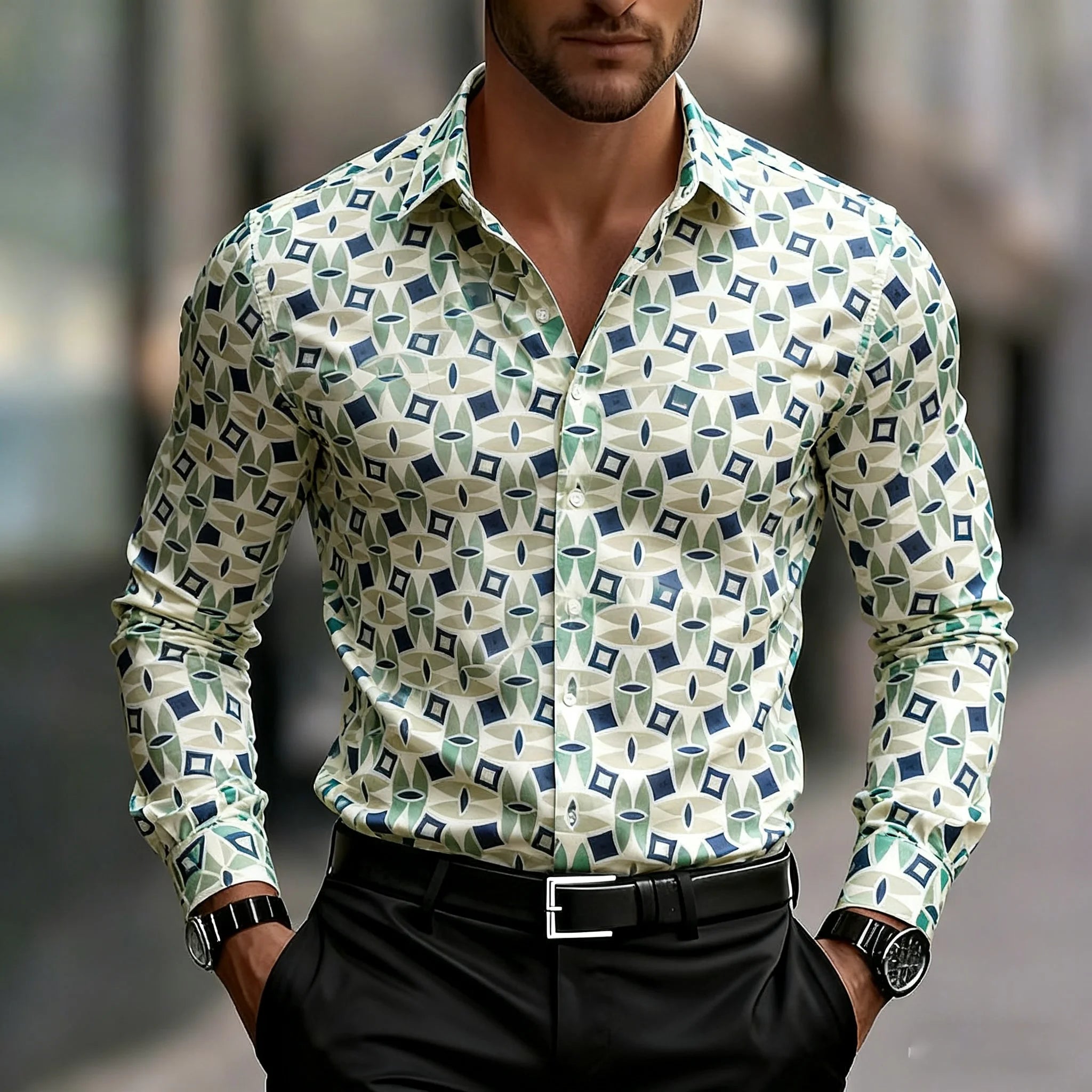 Camisa masculina de manga comprida com estampa geométrica, camisa quadrada moderna geométrica confortável para escritório diário masculino com gola virada para baixo