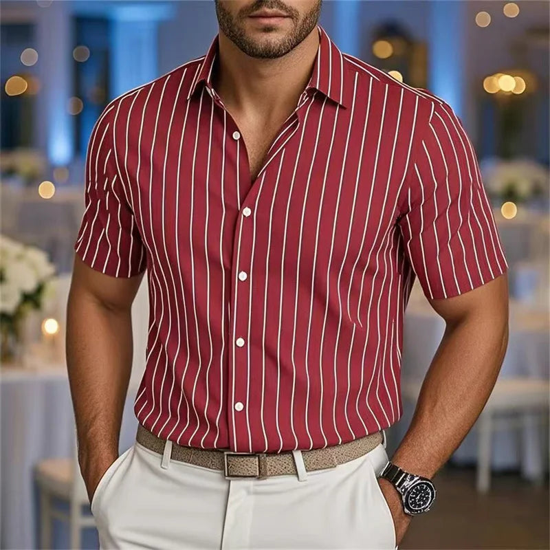 Moda listrado impressão masculina camisa de manga curta confortável respirável lapela botão camisas diário negócios casual solto tendência topos