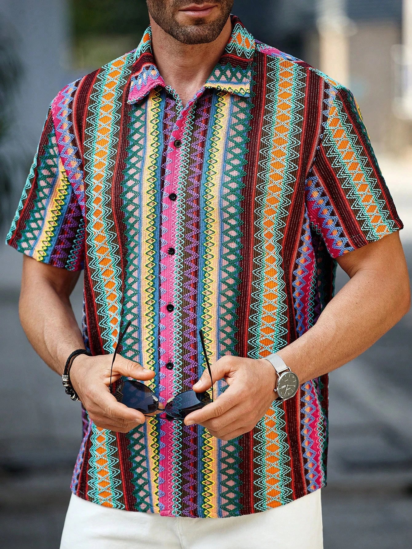 Regras étnicas impressas camisa havaiana masculina tecido de poliéster verão casual férias ao ar livre usar camisa de lapela de botão masculino