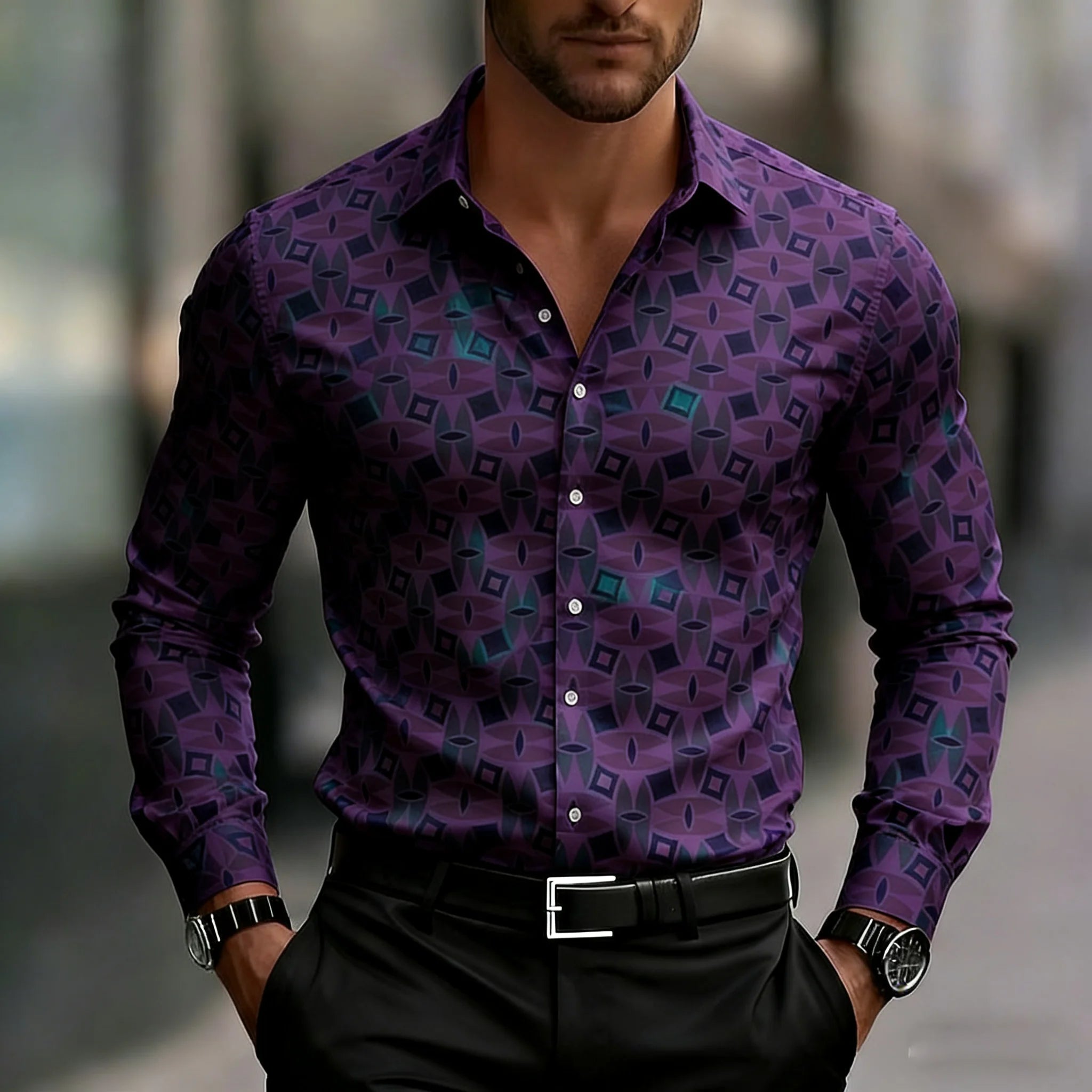 Camisa Geométrica Masculina de Manga Longa