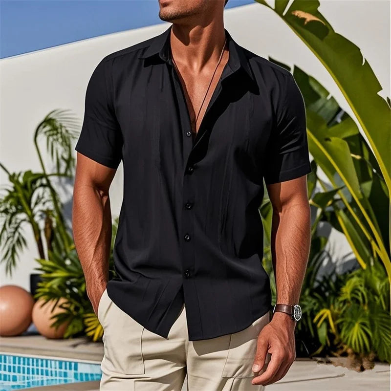 Camisas casuais dos homens verão nova moda cor sólida camisa de linho masculino pulôver manga curta topos botão cardigan lapela camisas masculinas