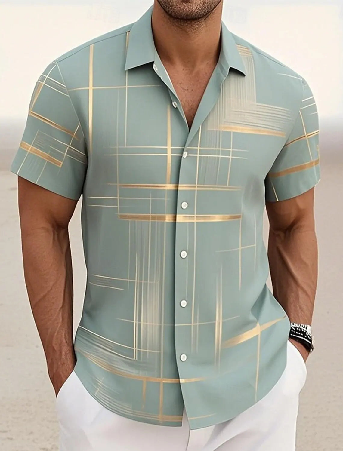 Camisas xadrez de grade geométrica masculina de verão manga curta camisa havaiana botão acima camisas sem bolsos