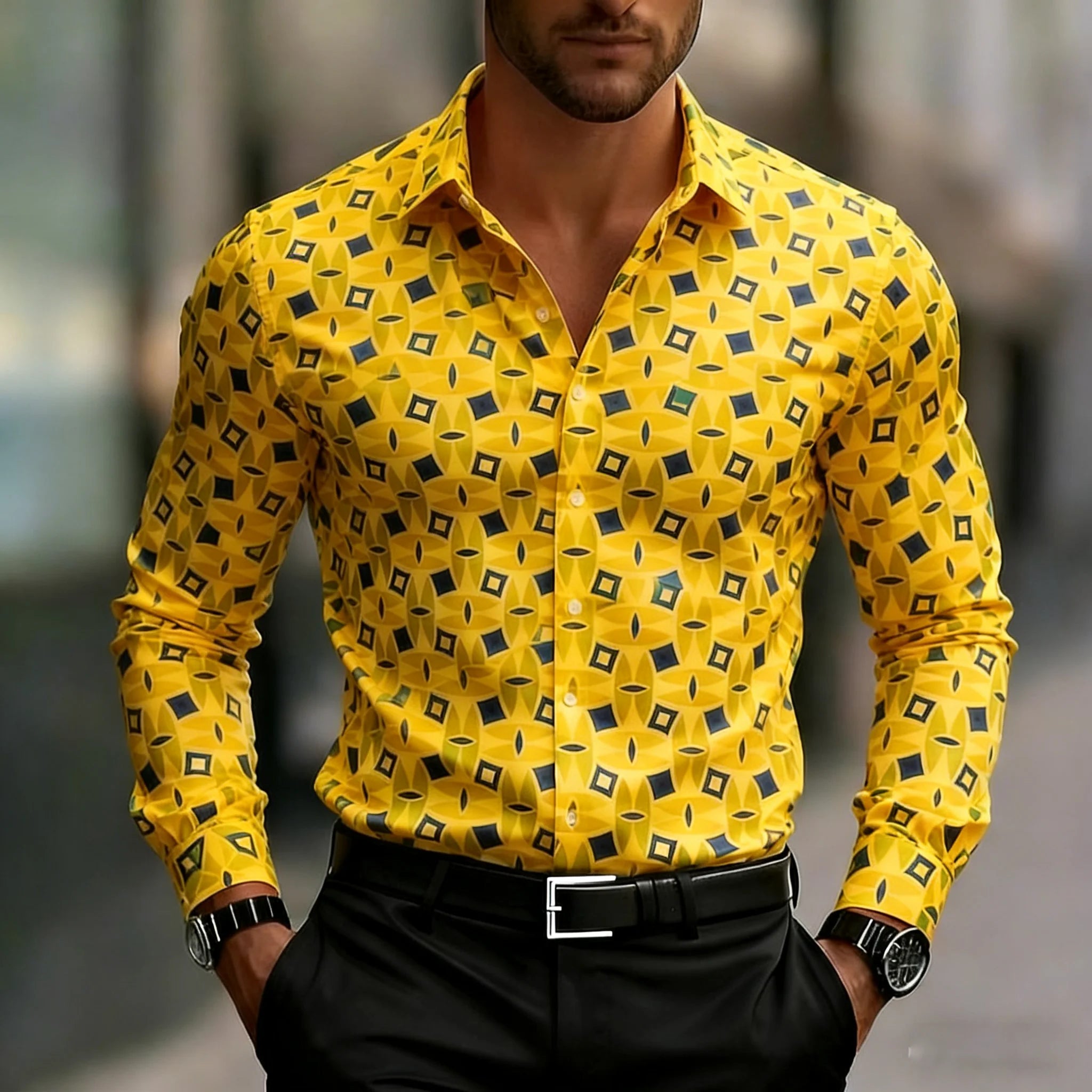 Camisa masculina de manga comprida com estampa geométrica, camisa quadrada moderna geométrica confortável para escritório diário masculino com gola virada para baixo