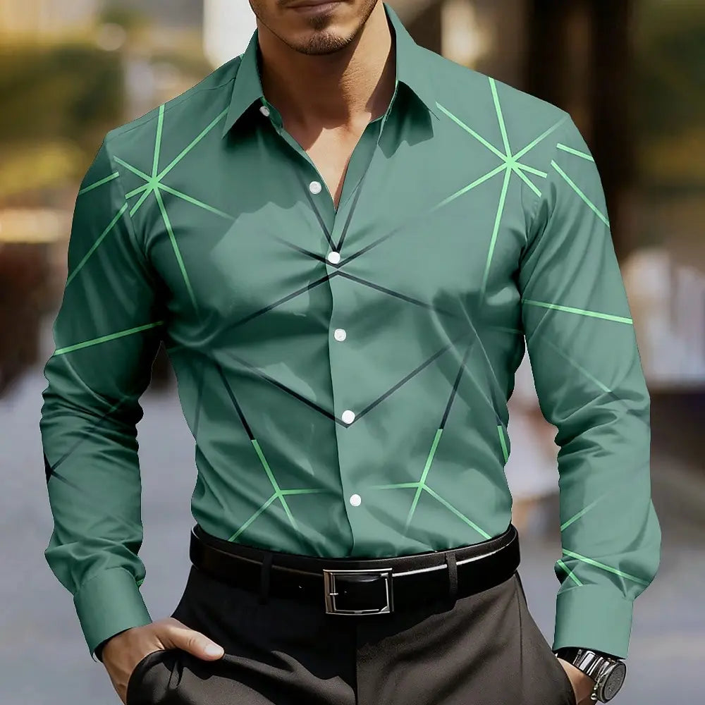Camisa masculina de arte abstrata com linha geométrica, manga comprida, casual, roupa diária ao ar livre, primavera outono, camisas com gola estampada 3D