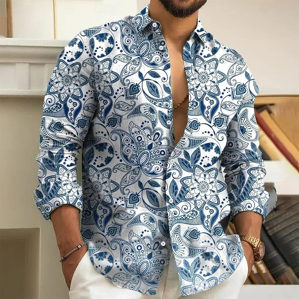 Camisa masculina de manga comprida com estampa floral paisley 3D, ajuste fino de poliéster, roupa casual estilo rua, blusa moderna outono inverno 2025