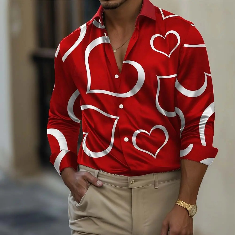 Presente romântico masculino em forma de coração camisa de manga longa moda casual verão primavera outono turndown impressão 3d botão acima camisas