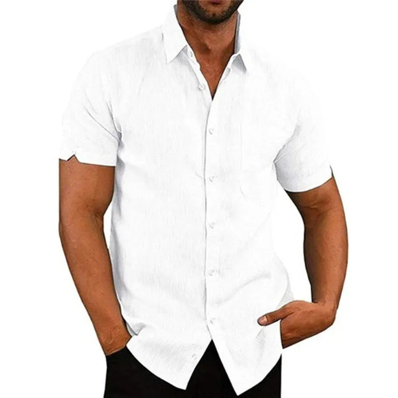 Camisa masculina de verão com gola polo sólida manga curta botão roupas masculinas