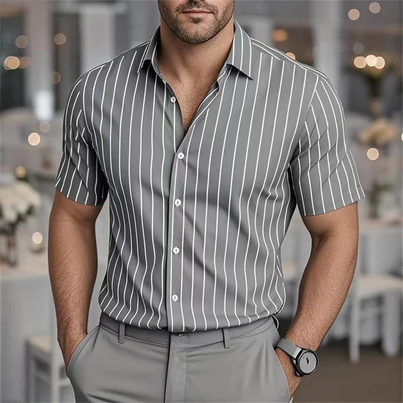 Moda listrado impressão masculina camisa de manga curta confortável respirável lapela botão camisas diário negócios casual solto tendência topos