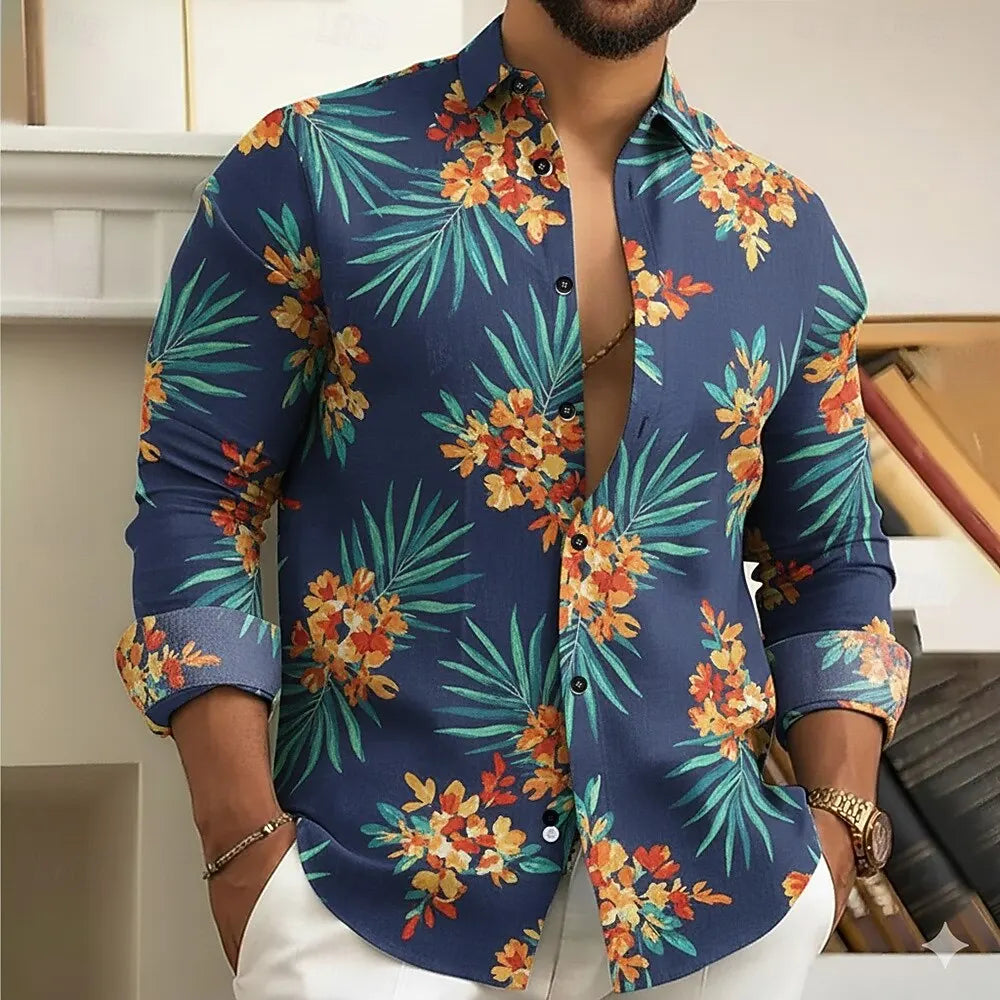 Plantas masculinas folha de palmeira flores camisa botão acima camisa manga longa moda casual diário outono cobrir impressão 3d camisas de colarinho