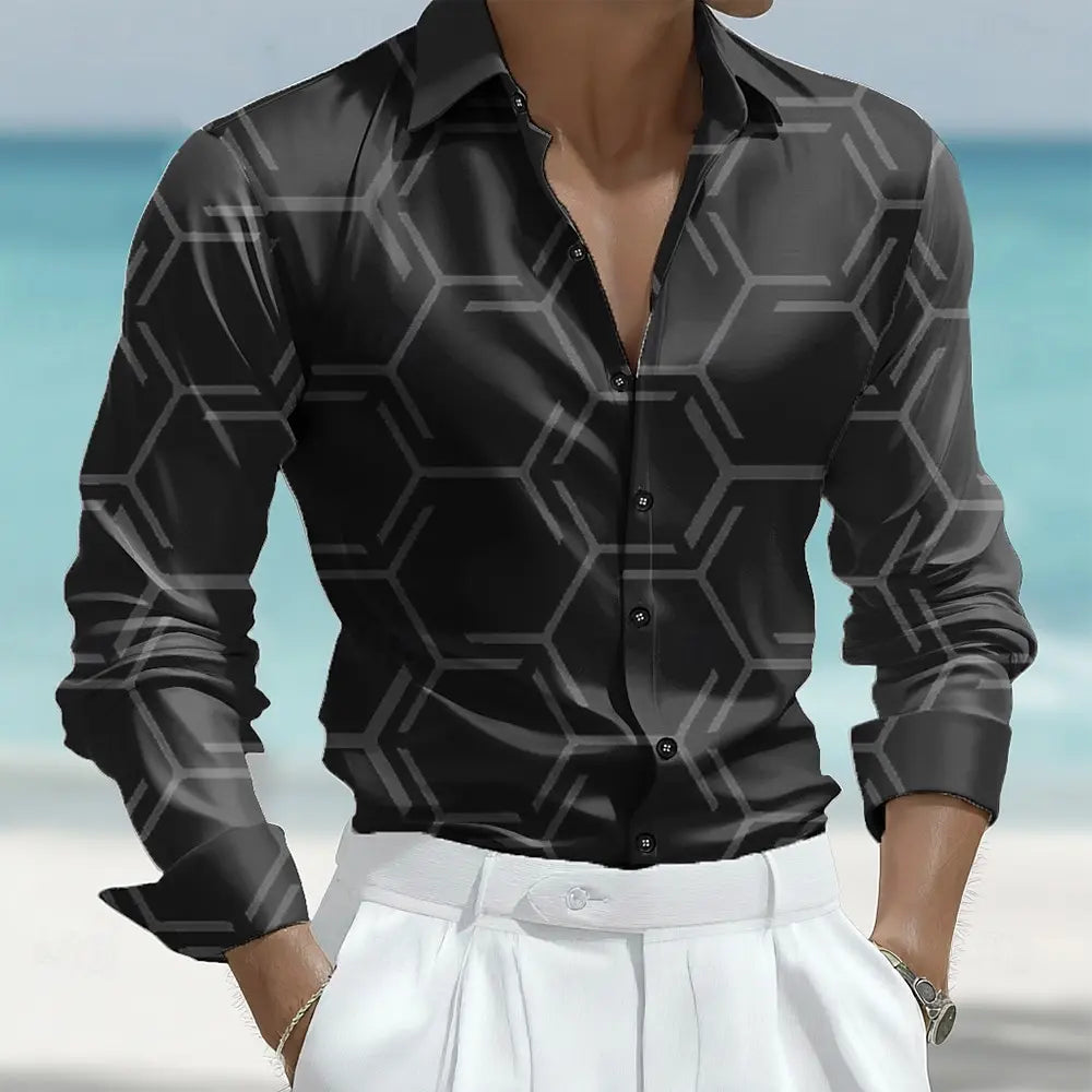 Camisa masculina de manga comprida com estampa geométrica triangular listrada, camisa casual com botões para escritório diário, viagens, etc.
