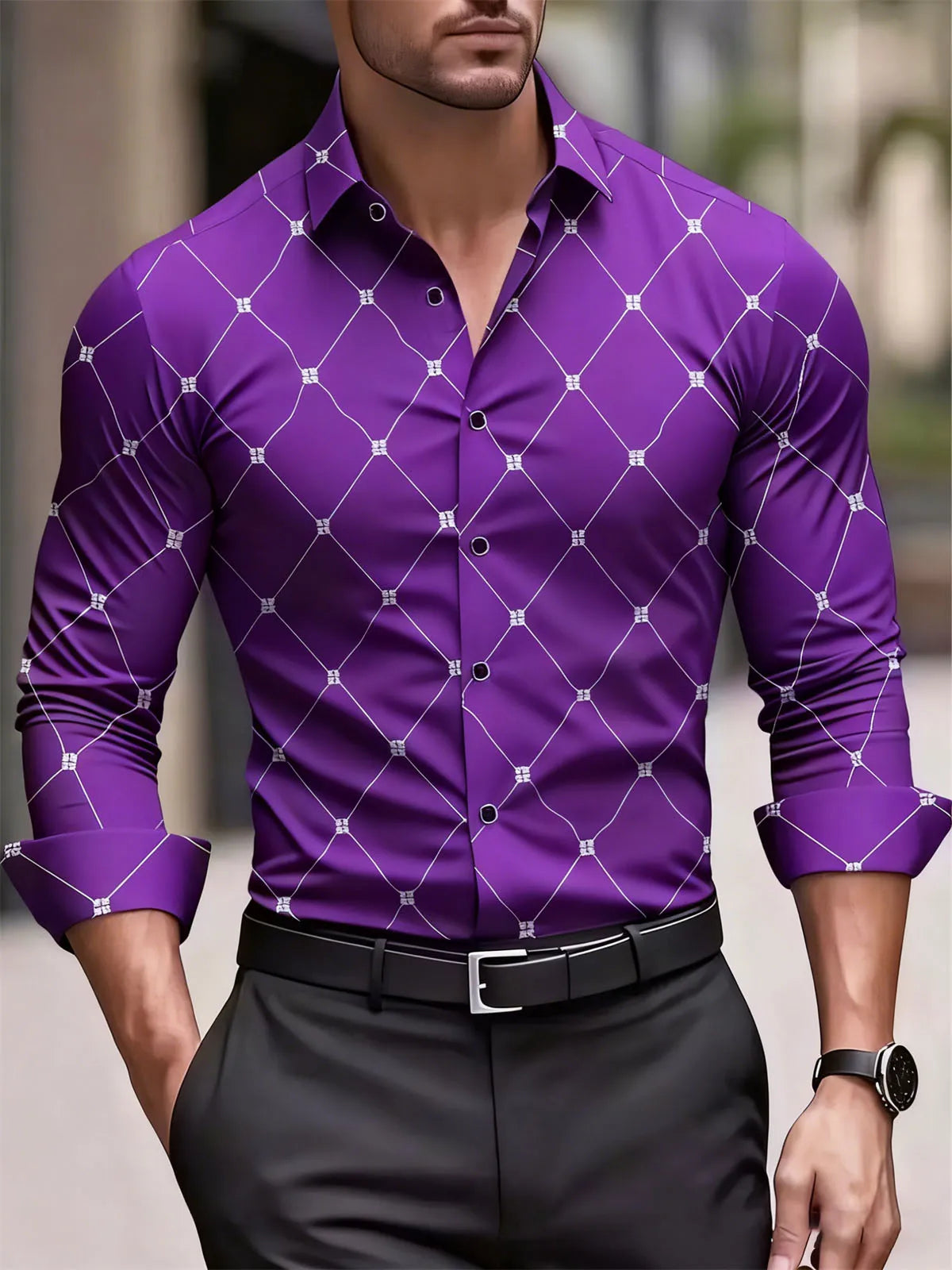 Camisa Masculina Social Geométrica de Manga Longa