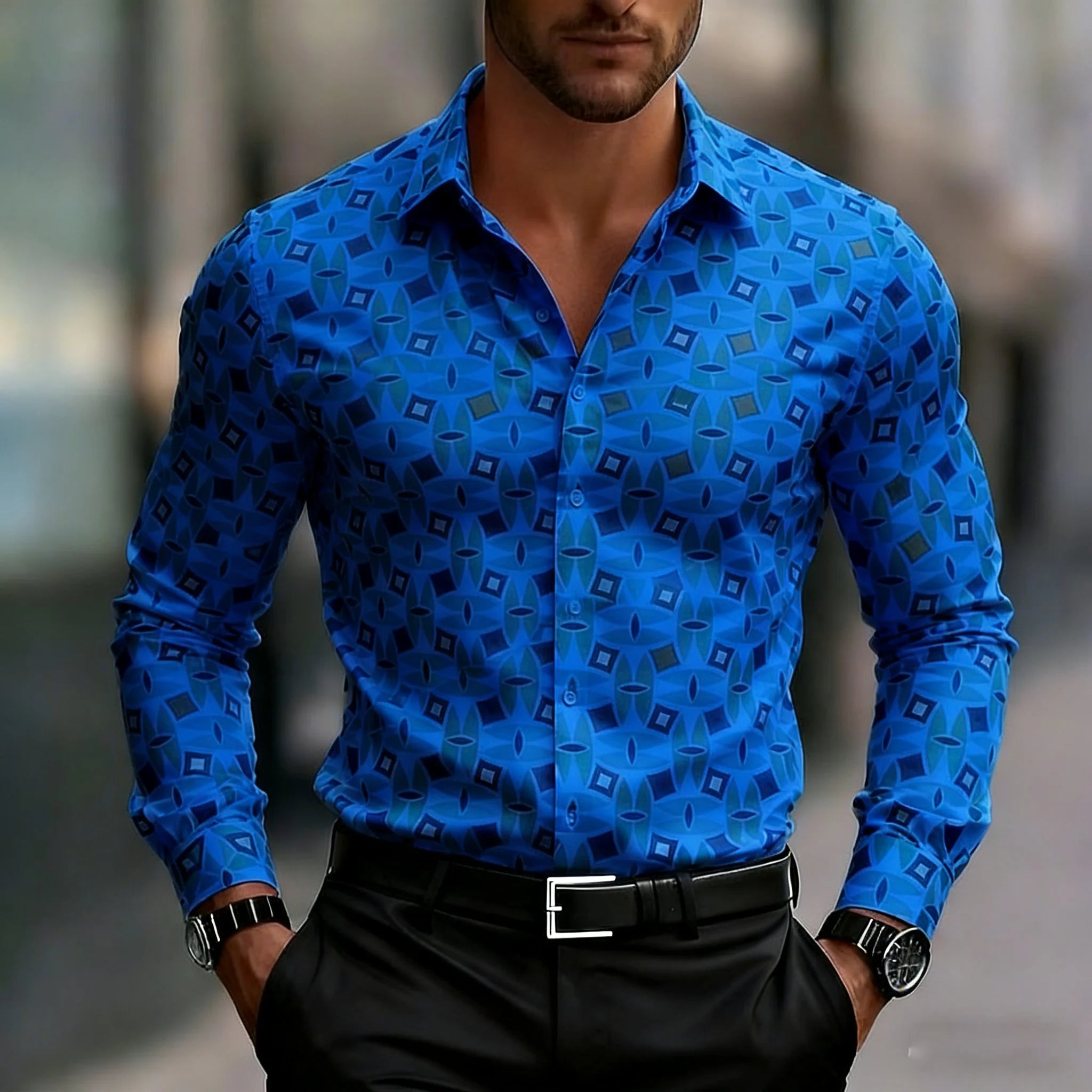 Camisa masculina de manga comprida com estampa geométrica, camisa quadrada moderna geométrica confortável para escritório diário masculino com gola virada para baixo