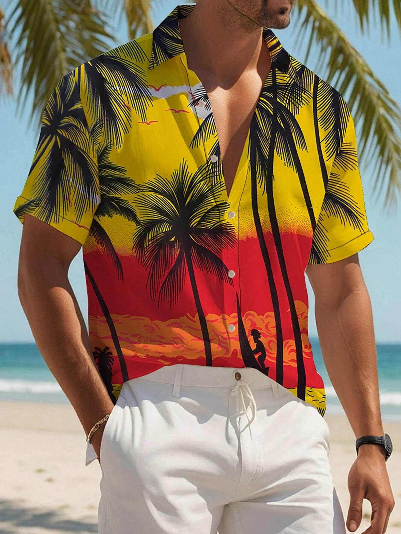 Camisa masculina com estampa de plantas, estilo férias, manga curta, botão para baixo, férias ao ar livre, praia, verão, camiseta de elastano, camisas havaianas