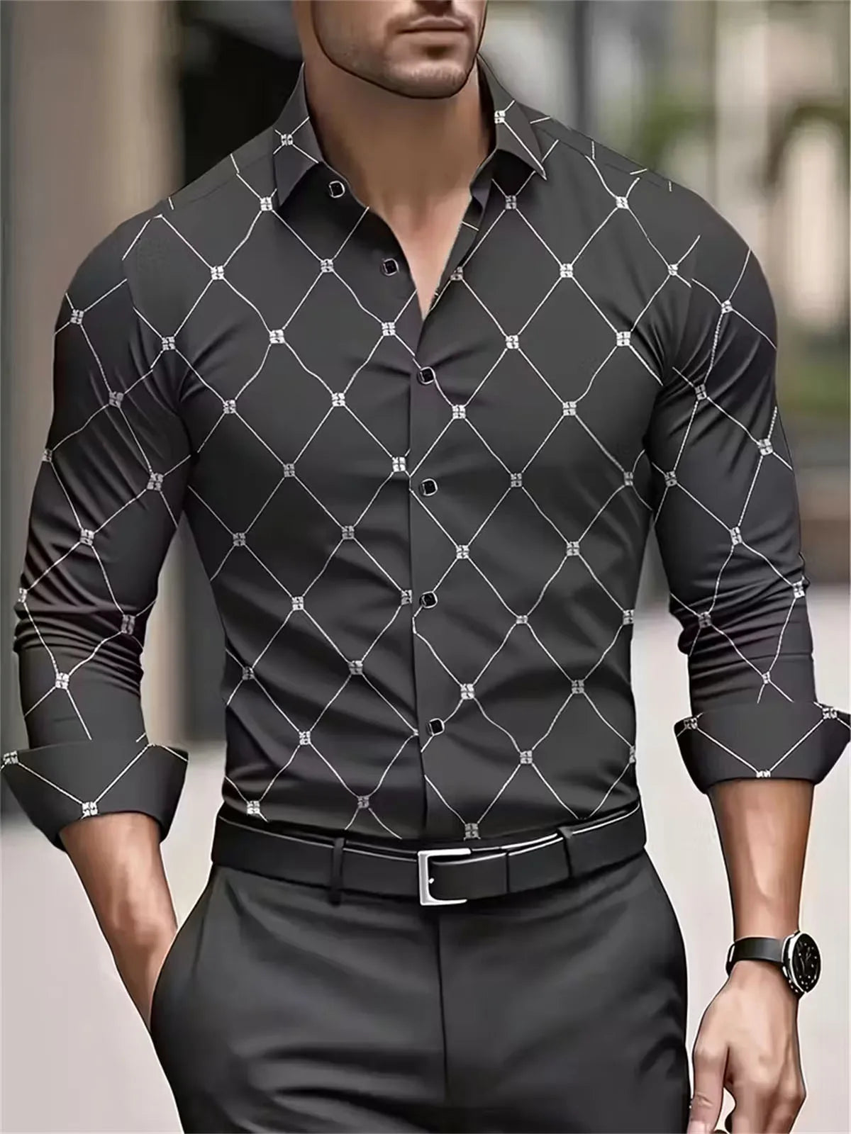 Camisa Masculina Social Geométrica de Manga Longa