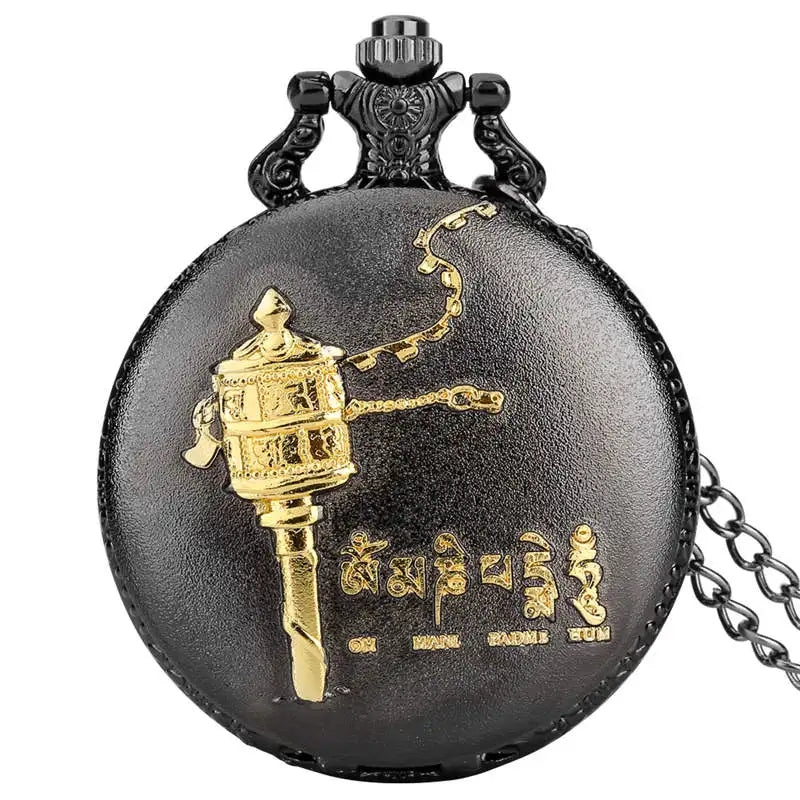 Relógio de bolso de quartzo com cabeça de Buda, aroma tibetano, templo budista, corrente religiosa, colar vintage, presente para homens e mulheres