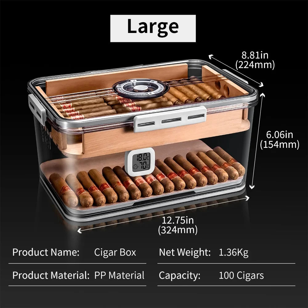 Humidor de charutos caixa de madeira de cedro selado transparente dupla camada hidratante higrômetro multifuncional caso grande capacidade 100 peças