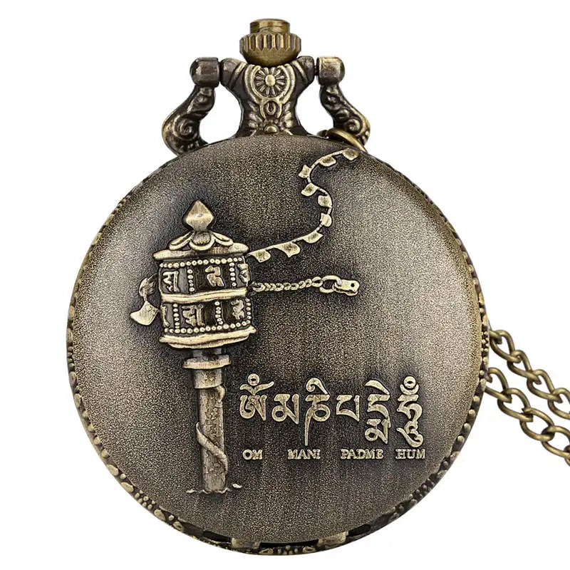 Relógio de bolso de quartzo com cabeça de Buda, aroma tibetano, templo budista, corrente religiosa, colar vintage, presente para homens e mulheres