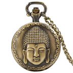 Relógio de bolso de quartzo com cabeça de Buda, aroma tibetano, templo budista, corrente religiosa, colar vintage, presente para homens e mulheres