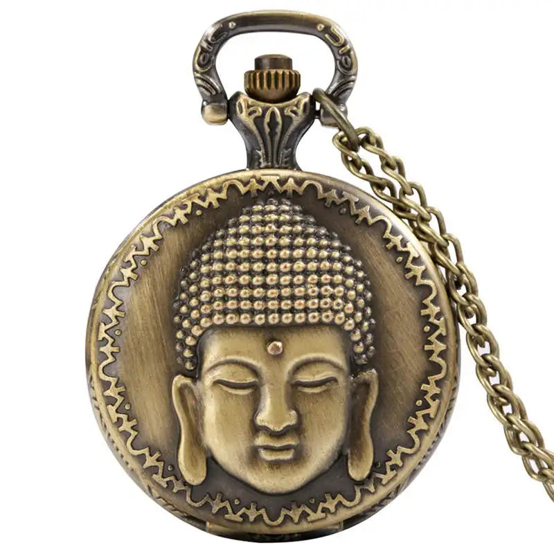 Relógio de bolso de quartzo com cabeça de Buda, aroma tibetano, templo budista, corrente religiosa, colar vintage, presente para homens e mulheres