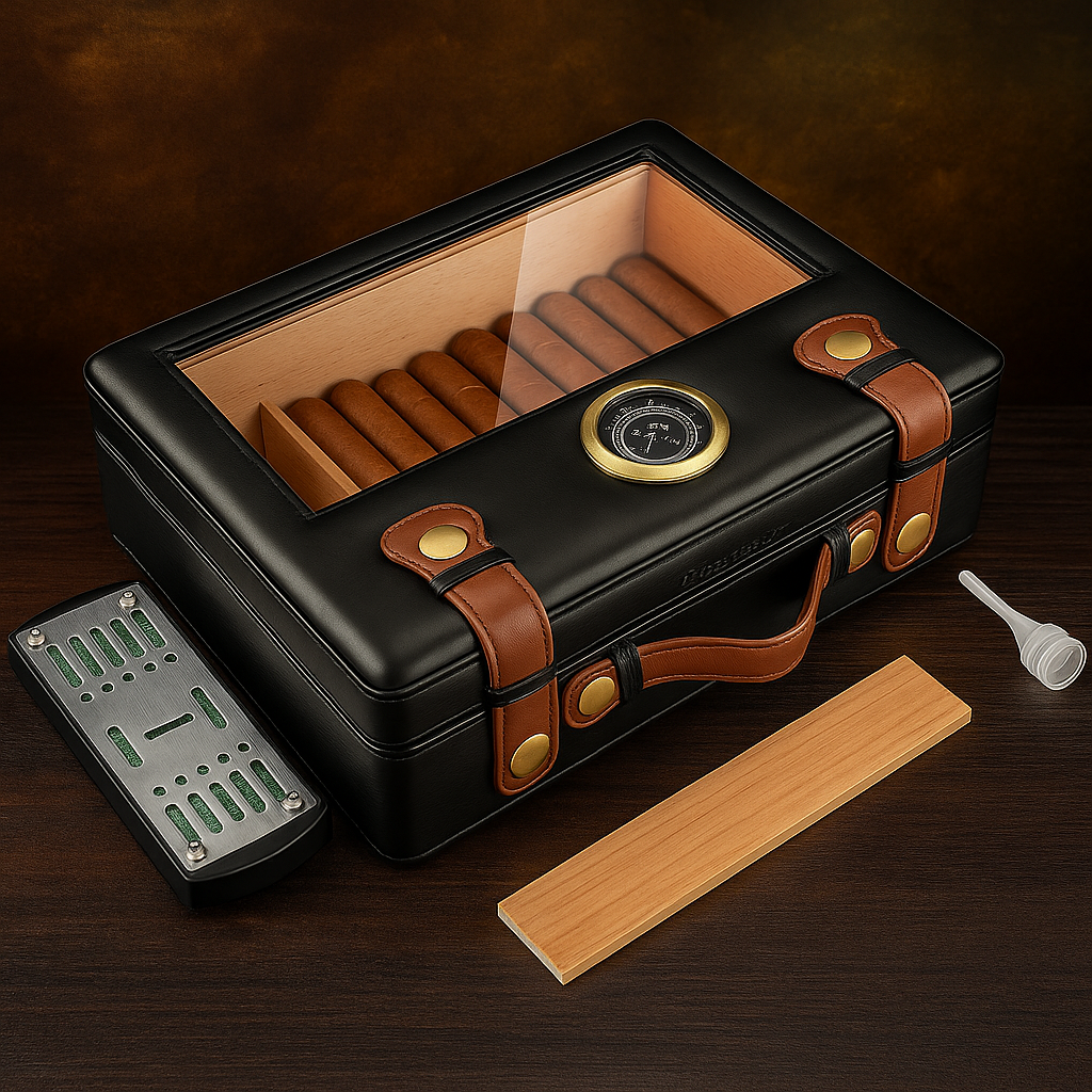 Caixa Umidificadora de Luxo com Tampo de Vidro e Higrômetro