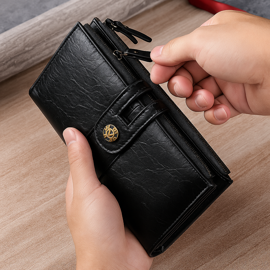 Carteira Masculina Longa de Couro PU com Zíper Duplo