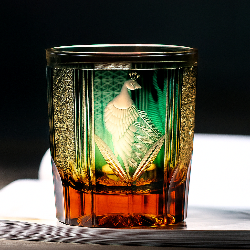 Copo de Cristal Edo Kiriko com Gravura de Pavão