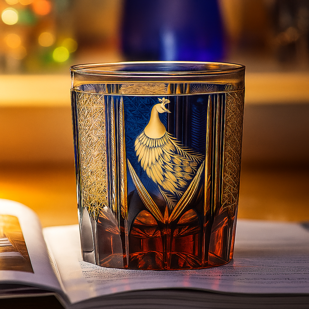 Copo de Cristal Edo Kiriko com Gravura de Pavão