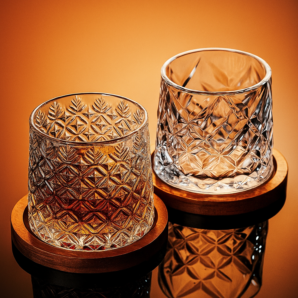 Copo Rotativo de Vidro para Uísque com Coaster de Bambu