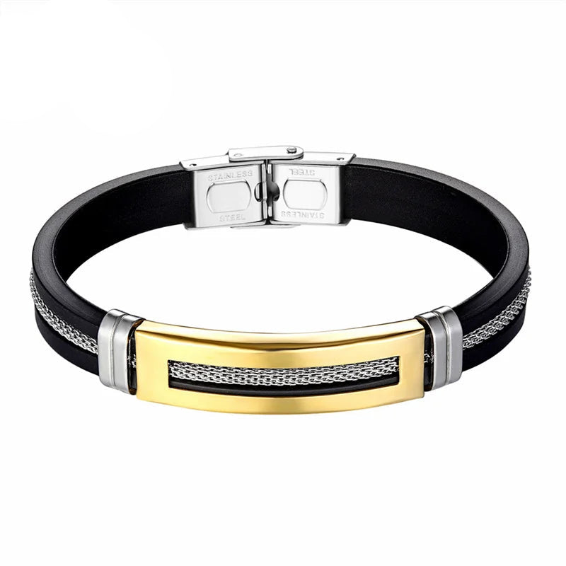 puseira masculina de ouro Pulseiras de aço inoxidável manguito para homens mulher pulseira de borracha preta com corrente 17 19 21cm cinto ajustável homem mão jóias presentes masculino frete grátis