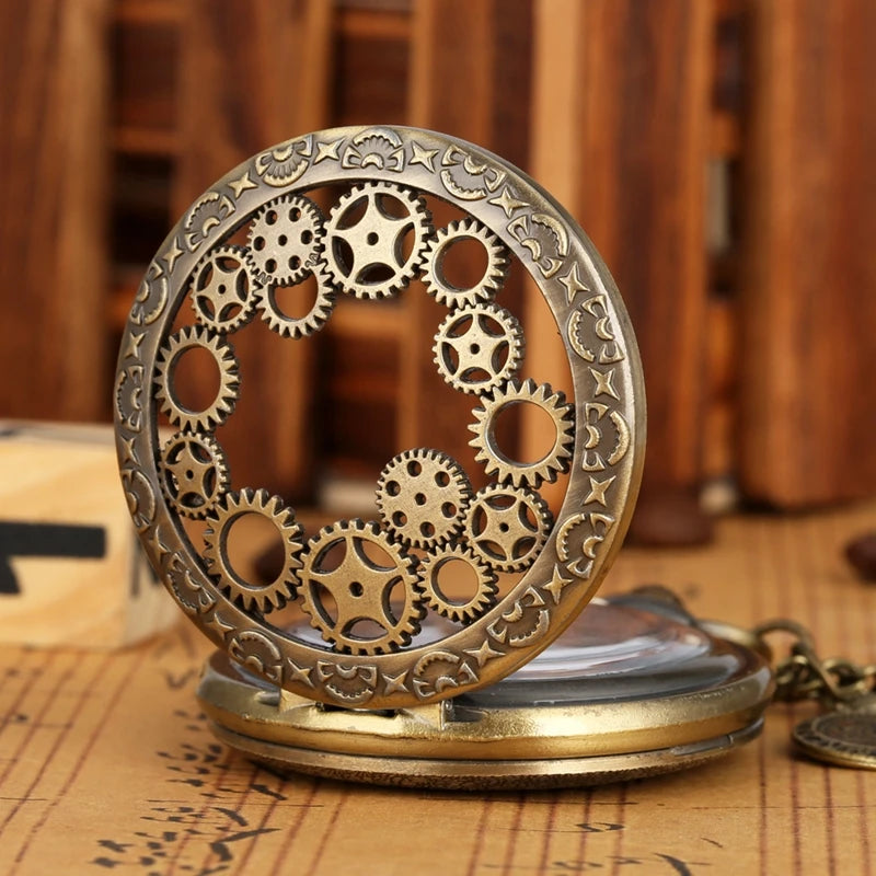 Vintage antigo cobre steampunk bronze oco engrenagem relógio de bolso de quartzo colar pingente corrente relógio masculino feminino com acessório
