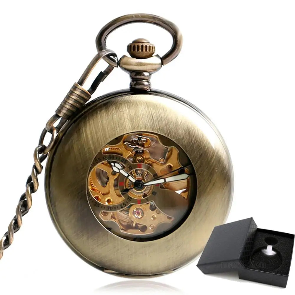 Auto vento relógio de bolso cobre moda bronze pingente suave retro esqueleto unisex automático mecânico elegante presente ação de graças