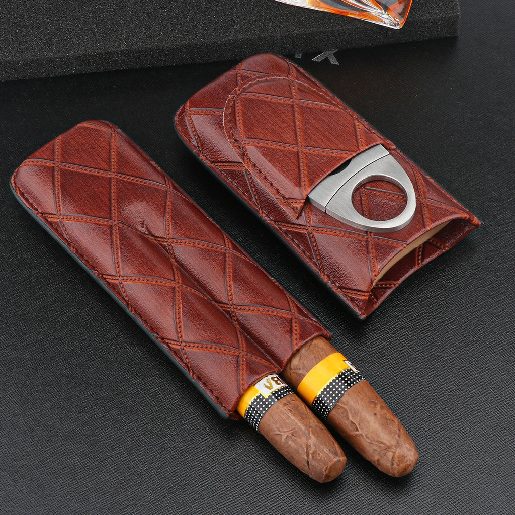 Xifei pu 2 slots conjunto de caixa de charuto portátil humidor caixa com cortador de aço inoxidável viagem fumar acessórios de armazenamento de cigarro