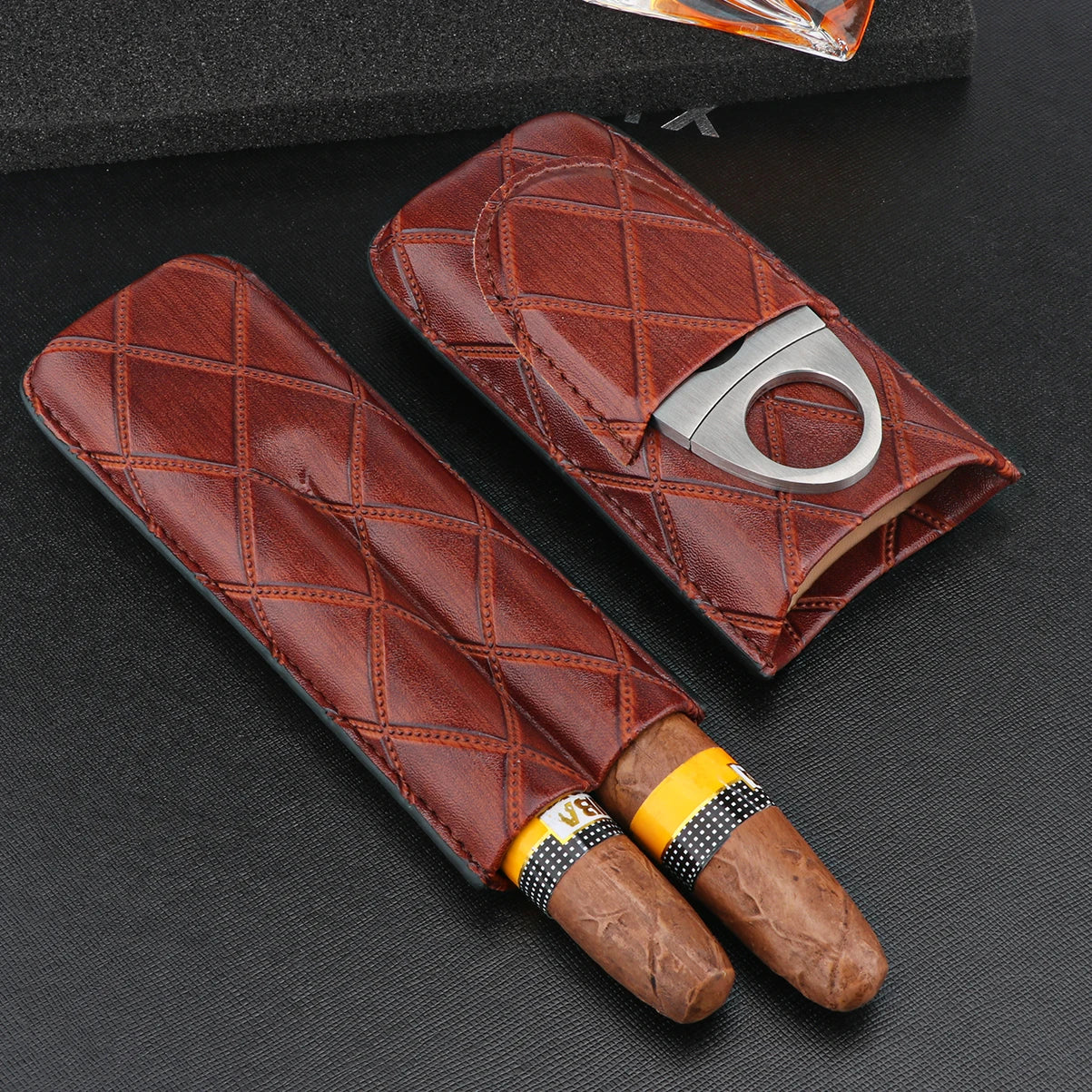 Xifei pu 2 slots conjunto de caixa de charuto portátil humidor caixa com cortador de aço inoxidável viagem fumar acessórios de armazenamento de cigarro