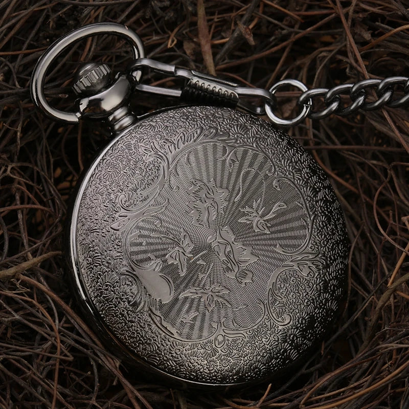 Preto numerais romanos relógio de bolso de quartzo masculino feminino preto oco caso steampunk vintage pingente colar melhores presentes para homens