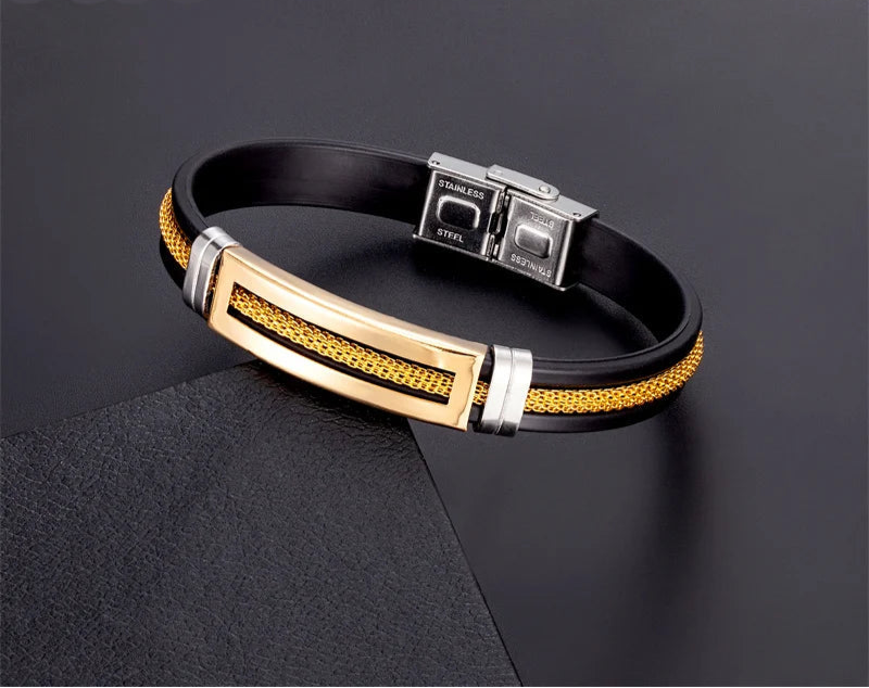 puseira masculina de ouro Pulseiras de aço inoxidável manguito para homens mulher pulseira de borracha preta com corrente 17 19 21cm cinto ajustável homem mão jóias presentes masculino frete grátis