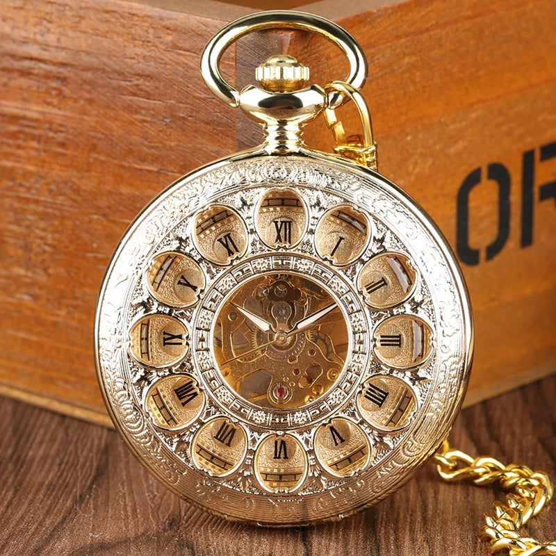 Ouro de luxo relógio de bolso mecânico oco esqueleto mão enrolamento pingente de aço inoxidável relógio de corrente de jóias para homens