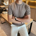 Camiseta de malha de manga curta masculina, listra com decote em O, camiseta justa, monocromática de alta qualidade, roupas masculinas, estilo britânico, moda verão, 6 cores