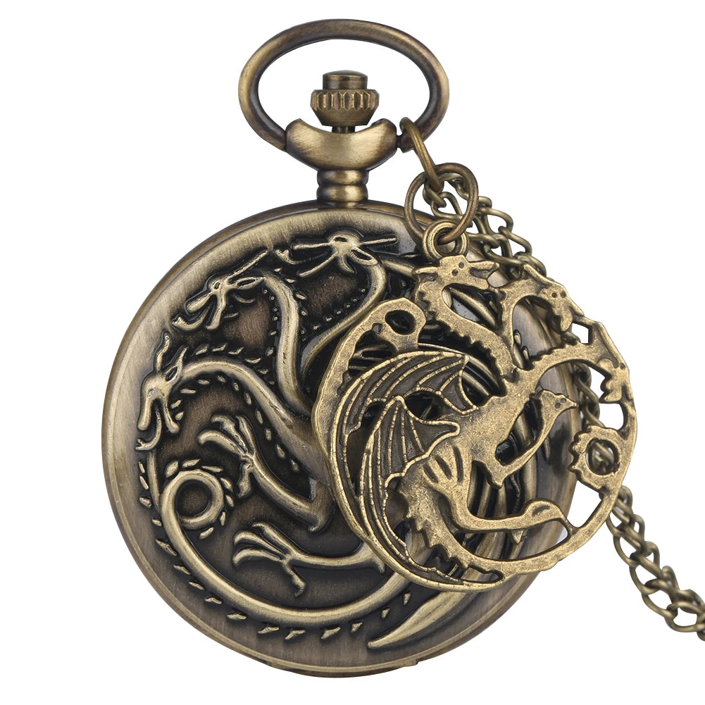 Retro Bronze Três-Headed Dragon Monster Pendant Relógio de bolso, quartzo, colar, camisola, FOB Cadeia, Relógio com Acessório, FOB
